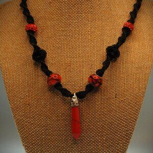 Red-Orange Filigree Mounted Hexagonal Pendant on a 17" Artisan Black Hemp Choker